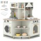 Kids play kitchen wooden corner playset in beige with working faucet, oven, and interactive accessories for imaginative.