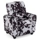 Kids recliner chair in cow print with cup holder, ergonomic design, soft foam, perfect for reading or watching TV.