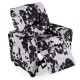 Kids recliner chair in cow print with retractable footrest and cup holder, perfect for reading or watching TV.