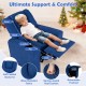 Kids recliner chair in blue with retractable footrest, ergonomic design, and cup holder for comfortable lounging.