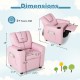 Dimensions of the pink kids recliner chair with adjustable features, cup holder, and side pocket for books or toys.