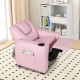 Kids recliner chair in pink PU leather with adjustable footrest, cup holder, and side pocket for playroom comfort.