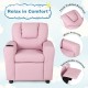 Kids recliner chair in pink PU leather with adjustable backrest, cup holder, and side pocket for comfort and playtime.