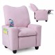 Kids pink recliner sofa with adjustable footrest, cup holder, and side pockets, perfect for playrooms and nurseries.