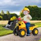 Kids ride-on bulldozer toy truck with adjustable bucket, horn sounds, and under-seat storage for outdoor fun.