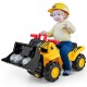 Kids ride-on bulldozer toy truck with adjustable bucket, horn sounds, and included helmet for children aged 3+.