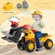 Kids ride-on bulldozer toy truck with adjustable bucket, safety helmet, and toy stones for fun outdoor play.
