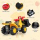 Kids ride-on bulldozer toy truck with adjustable bucket, wide seat, and anti-rollover design for safe play.