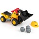 Kids ride-on bulldozer toy truck with adjustable bucket, includes helmet and toy stones, designed for ages 3+.