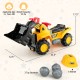 Kids ride-on bulldozer toy truck with adjustable bucket, includes helmet and toy stones, suitable for ages 3+, 55 lbs.