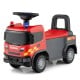 Kids ride-on push car in red SCANIA truck design with steering wheel, music, and under-seat storage for toys.