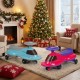 Kids ride-on toy in blue with under-seat storage and LED flashing wheels, set in a cozy holiday living room.
