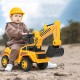 Kids ride-on excavator in yellow with adjustable shovel, designed for sand play and featuring ergonomic backrest.