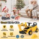 Kids ride-on excavator in yellow with adjustable shovel, designed for physical development and outdoor entertainment.