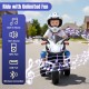 Kids ride-on motorcycle in black with LED lights, built-in music, and a speed range of 3-7 mph for outdoor fun.