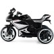 Kids ride-on motorcycle in black with LED lights, 6V battery, and stable three-wheel design for ages 3+.