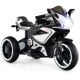 Kids ride-on motorcycle in black with LED lights, 6V battery, and three wheels for stability, perfect for ages 3+.