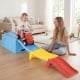 Multicolor kids ride-on toy with downhill race tracks includes a convenient footrest for comfortable seating during play.