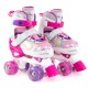 Adjustable kids roller skates in rose red with light-up wheels, featuring safety straps and breathable mesh for comfort.