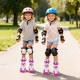 Two girls wearing adjustable kids roller skates with light-up wheels, protective gear, enjoying a sunny day outdoors.