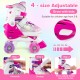 Kids roller skates in rose red with adjustable sizes, light-up wheels, and safety features for ages 5-8.