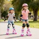 Two girls roller skating in the park wearing adjustable rose red roller skates with light-up wheels and protective gear.