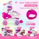 Kids roller skates in rose red with adjustable sizes, light-up wheels, and breathable mesh liner for ages 8-13.