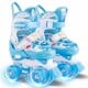 Adjustable kids roller skates in blue with light-up wheels, featuring a laser snowflake pattern for fun and safety.