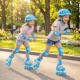 Two girls roller skating in a park wearing blue adjustable kids roller skates with light-up wheels for fun and safety.