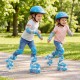 Two kids wearing blue adjustable roller skates with light-up wheels, enjoying a fun day outdoors in a park.