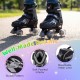 Kids roller skates in black with light-up wheels, featuring adjustable sizes, breathable mesh liner, and stylish design.