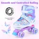 Kids roller skates in blue with butterfly design, featuring adjustable sizing, LED light-up wheels, and ABEC-7 bearings.