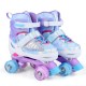 Kids roller skates in blue with butterfly design, featuring adjustable sizing and four light-up wheels for toddlers.