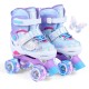 Kids roller skates in blue with butterfly design and light-up wheels, adjustable for toddlers ages 5-7.