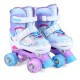 Kids roller skates in blue with butterfly design, featuring adjustable sizing and light-up wheels for toddlers ages 5-7.