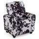 Kids recliner in black and white cow print, featuring a cup holder, perfect for reading and relaxing in a child's room.