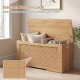 Kids storage bench with flip-top design, natural wood finish, and rattan texture, perfect for toy organization and.