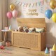 Natural wood kids storage bench with rattan texture, flip-top design, and soft-close hinges for toy organization.