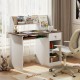 Kids study desk with natural finish, featuring a drawer, shelves, and keyboard tray for organized learning space.