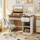 Kids study desk with a drawer and shelves, featuring a natural finish and ample storage for books and supplies.