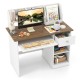 Kids study desk with natural wood top, drawer, and shelves for ample storage, perfect for organizing school supplies.