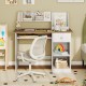 Kids study desk with drawer and shelves in natural finish, featuring a keyboard tray and ample storage for school.