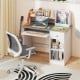 Kids study desk in gray with a comfortable ergonomic chair, featuring a hutch, drawer, and ample storage for supplies.