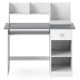 Kids study desk in gray featuring a hutch, drawer, and shelves for organized storage of books and supplies.