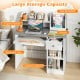 Kids study desk in gray features a hutch, drawer, keyboard tray, and ample storage with two open shelves for organization.