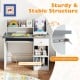 Kids study desk in gray featuring a hutch, drawer, and shelves for ample storage and reinforced crossbar for stability.