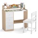 Kids study desk and chair set in natural wood with hutch and storage, perfect for children's creativity and study.
