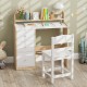 Kids study desk and chair set in natural wood with hutch, storage drawers, and ergonomic high back chair for children.