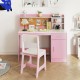Side view of the kids study desk showcasing its large storage capacity with shelves and a cabinet in pink and white.