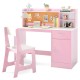 Kids study desk and chair set in white and pink with shelves, drawer, and cork bulletin board for imaginative.